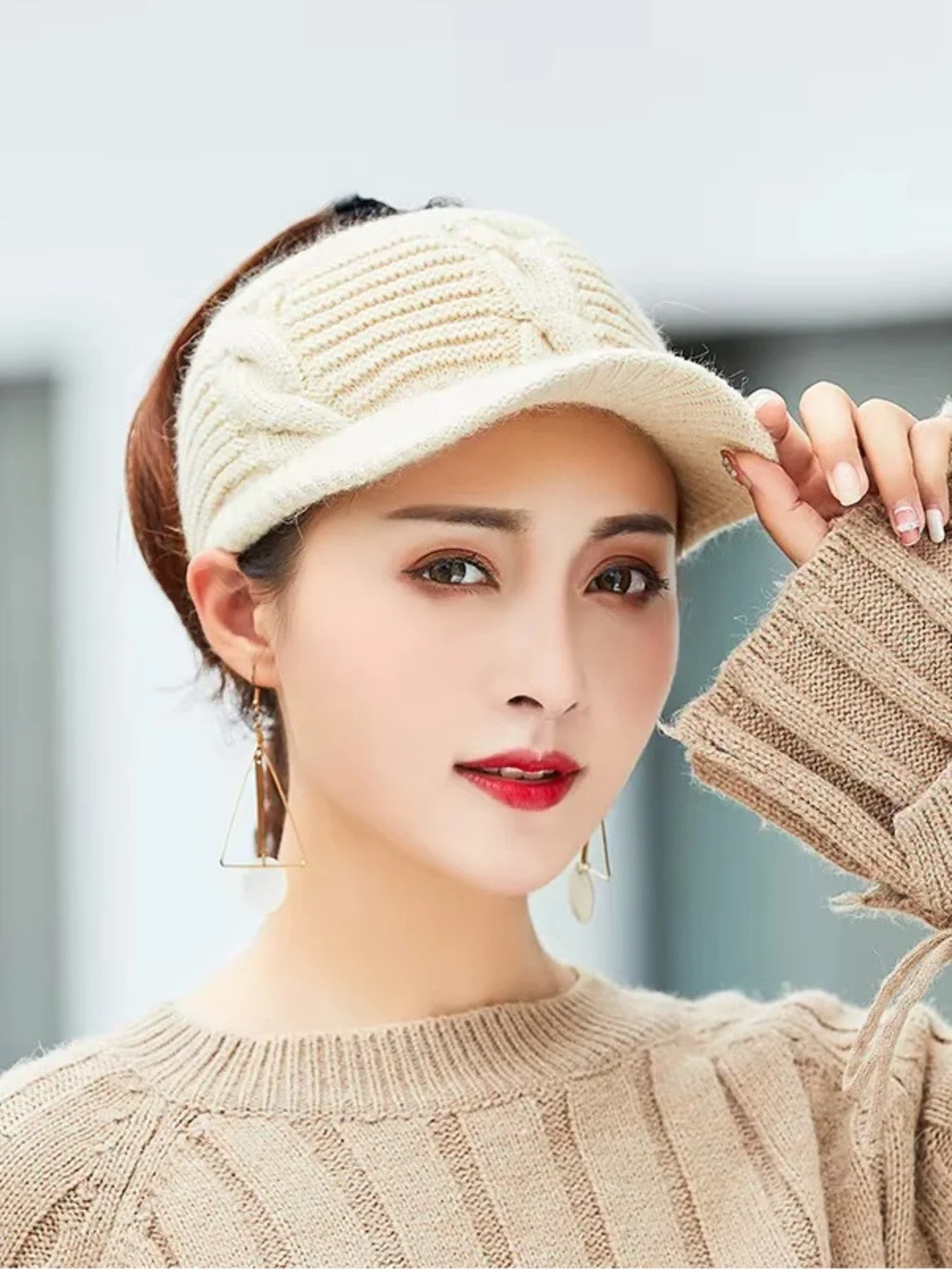 Winter/Fall Cable Knit Ponytail Open Back Hat Plush Lined - Cream or Black